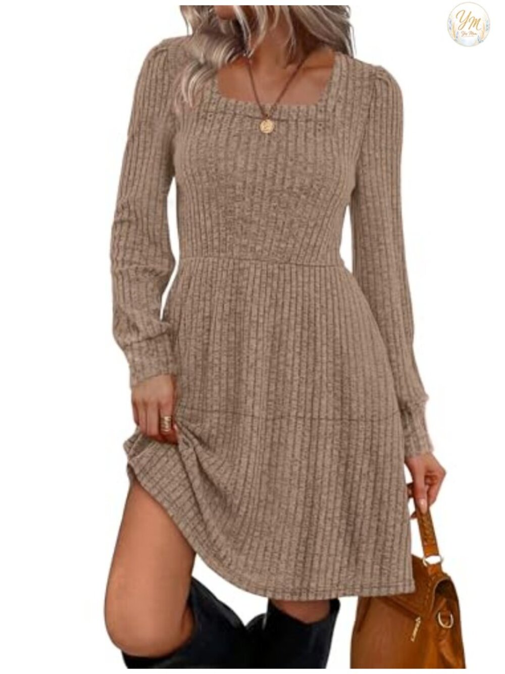 Square Neck Long Sleeve Babydoll Sweater Dress Flowy Tunic Fall